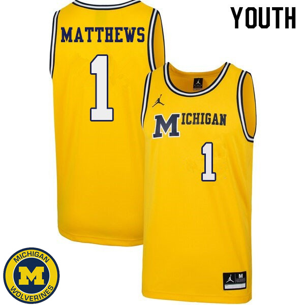 Youth Michigan Wolverines #1 Charles Matthews Yellow 1989 Retro University Basketball Jersey